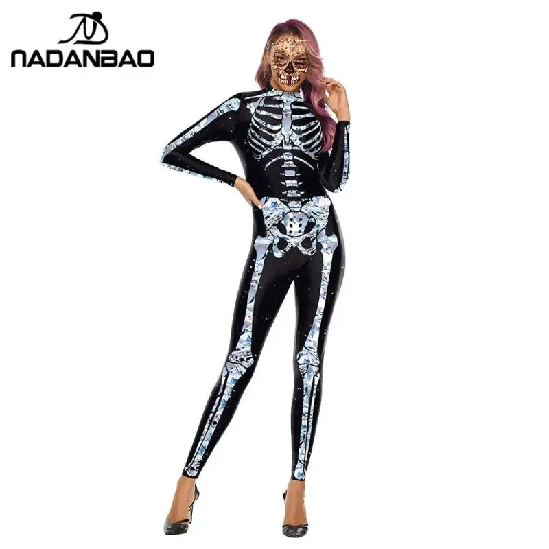 

NADANBAO Crystal Skeleton Costumes Scary Halloween Carnival Costume For Women Cosplay Bodywear Elastic Catsuits