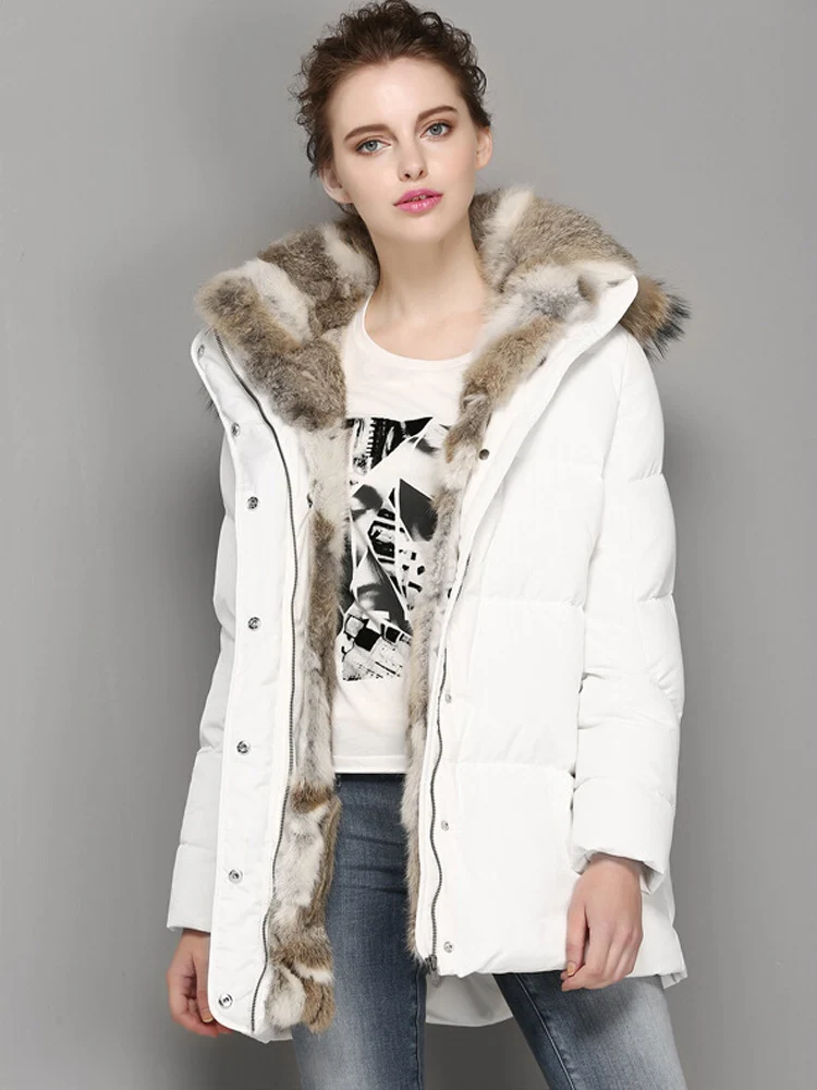 Fashion medium-long plus size rabbit fur thickening female slim down coat with a hood solid color winter outerwear white black