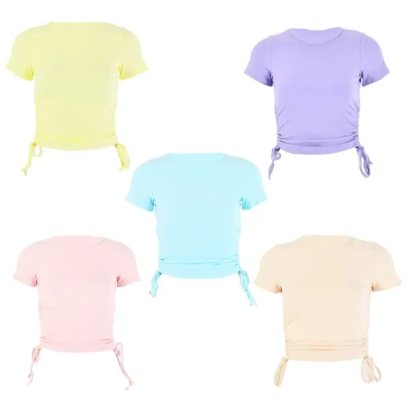 

Women Short Sleeve Side Drawstring Slim T-Shirt Ribbed Knit Solid Color Crop Top A0NF