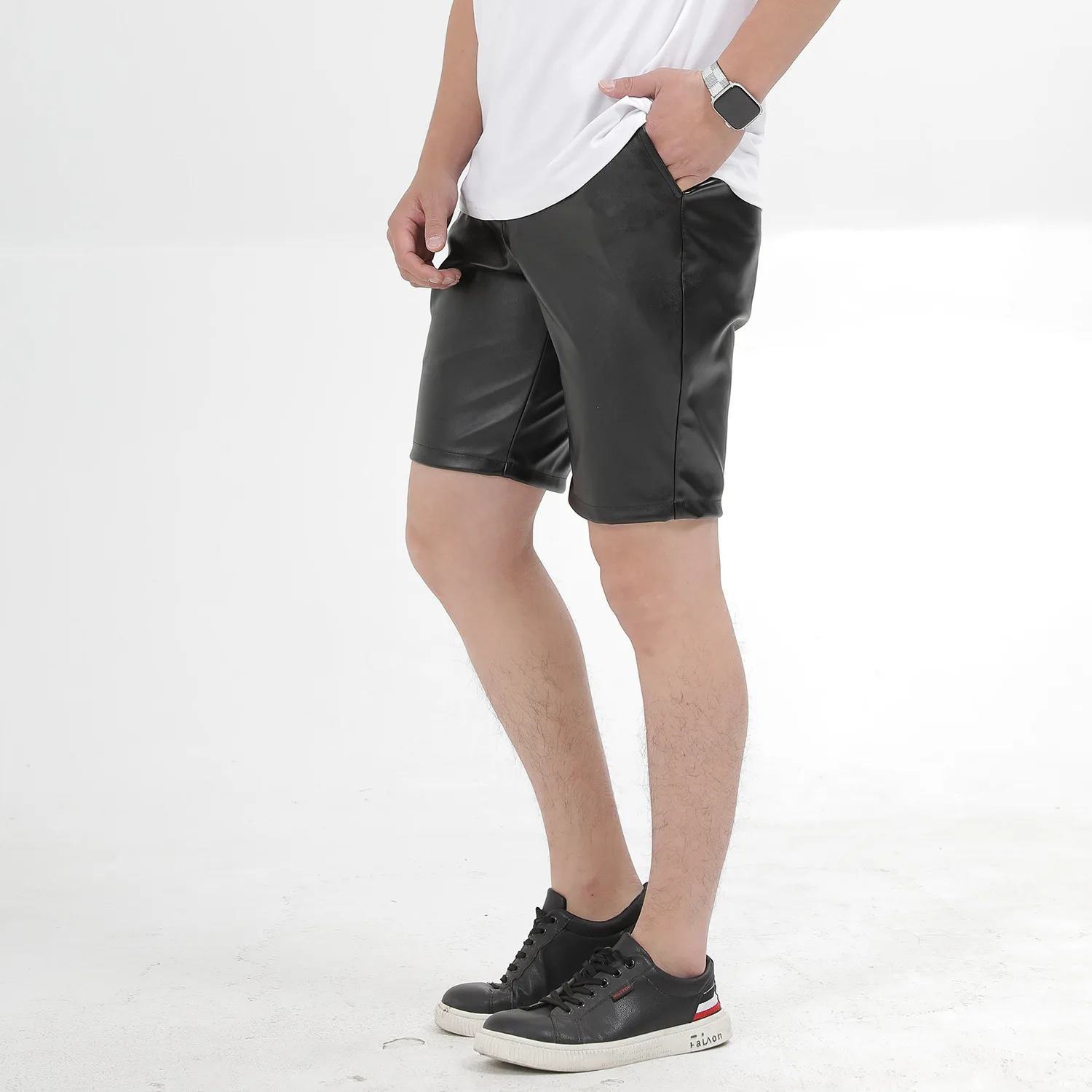 Thoshine Brand Summer Men Leather Shorts Elastic Outerwear Short Pants Male Fashion PU Faux Leather Shorts