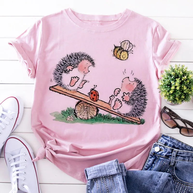 

Hedgehog With Dandelion Woman T shirts Loose Spring 2021 New T-shirt Female Summer Tops Shirt Easy Matching Round Neck Tshirts