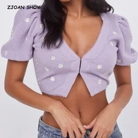 2021 retro purple embroidery flower cropped cardigan tank tops v neck covered button sweater jumper total knit 2 pieces 1 set