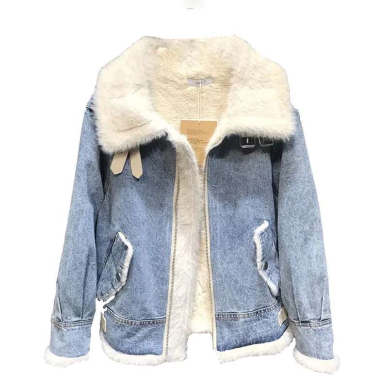 

Lamb suede denim jacket women 2020 new winter thickened korean version bf loose denim jacket cotton