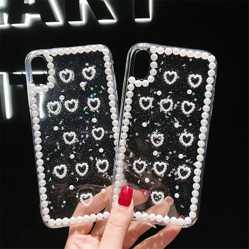 Роскошный модный милый блестящий чехол с бриллиантами жемчужинами сердечками