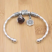 pure 925 sterling silver bangle garnet lotus flower pendant bamboo open bracelet 21g for women lucky gift