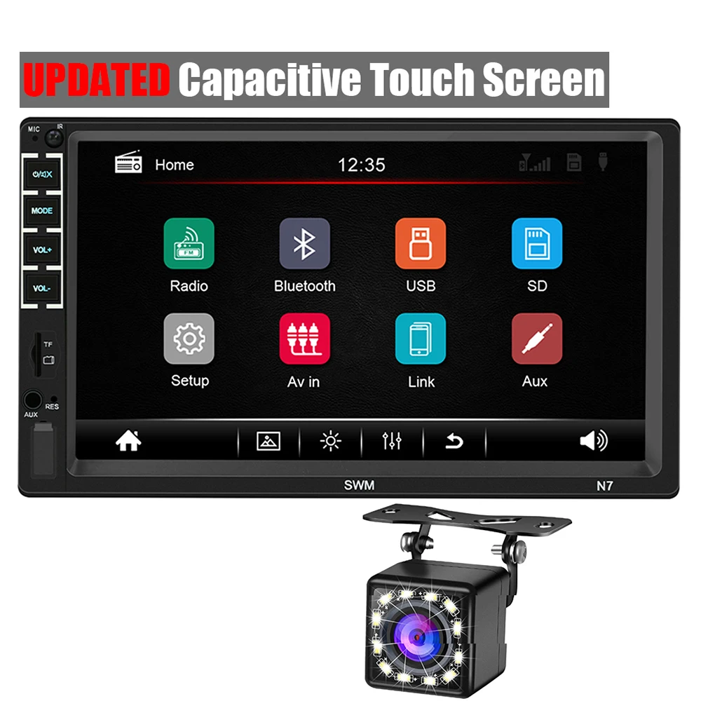 Двойной Din автомобильный стерео с 7-дюймовым емкостным сенсорным экраном и 12LED