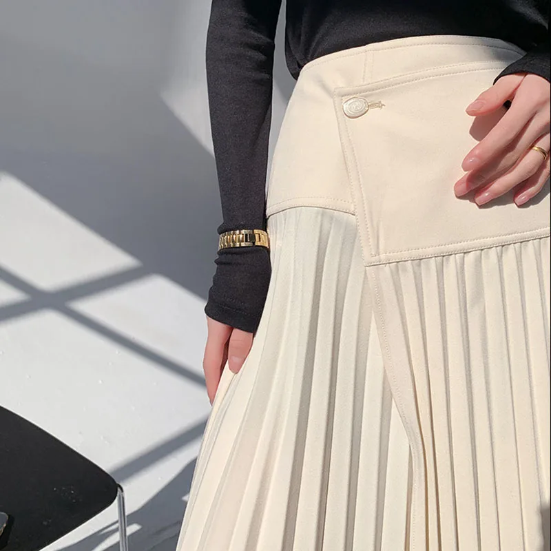 

HARLEYFASHION Women Spring Casual Temperament Solid Pleated Skirt Asymmetrical Waist Age Reduction Button Design Slim Streetwear