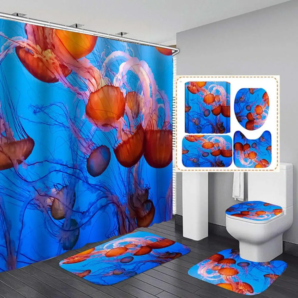 

Dog Shower Curtain 4 Piece Carpet Cover Toilet Cover Bath Mat Pad Set Bathroom Curtain with 12 Hooks