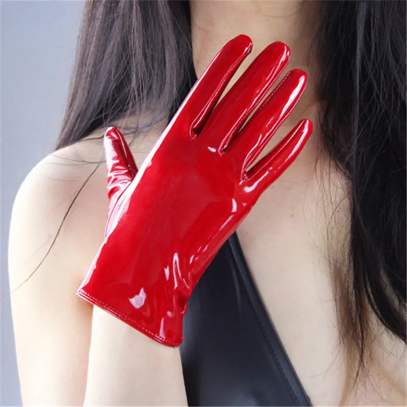 

21cm Patent Leather Gloves Red Purple Red Touchscreen Female Short Section Emulation Leather Mirror Bright Wine Red Dark