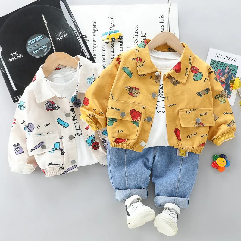 

3 Pieces/set Autumn Casual Children's Clothing SetsBaby Cartoon printing Jacket T-shirt Jeans Boutique Kids Clothing Ropa Bebe