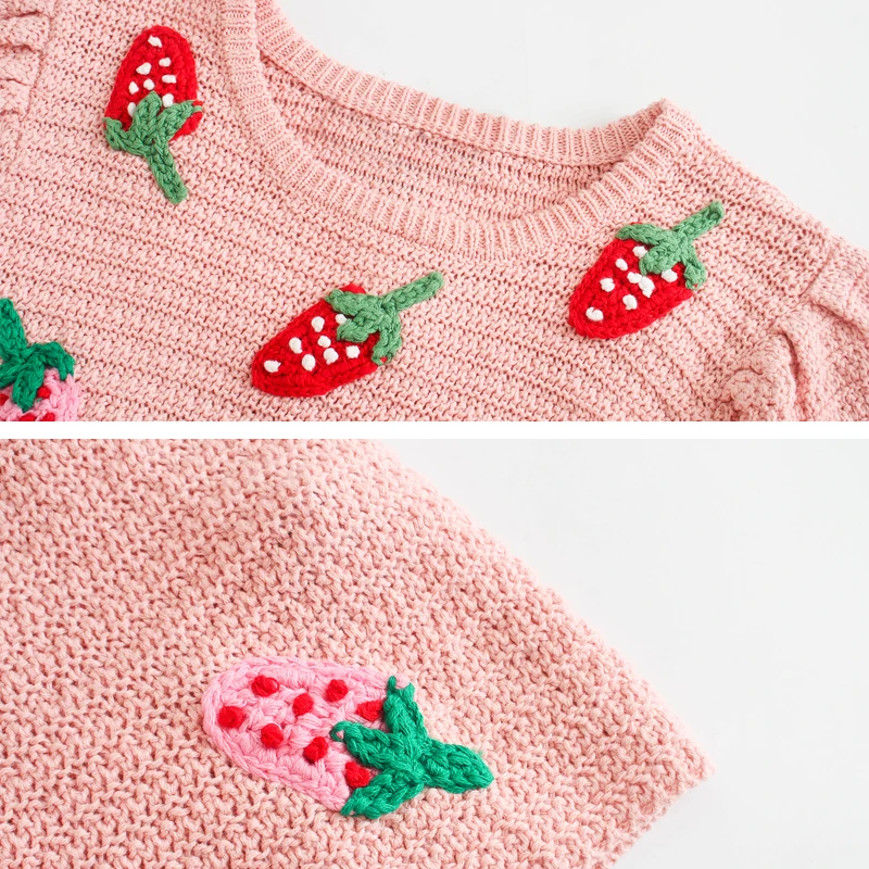 Милые женские свитера с круглым вырезом Осенние вязаные топы вышивкой клубники
