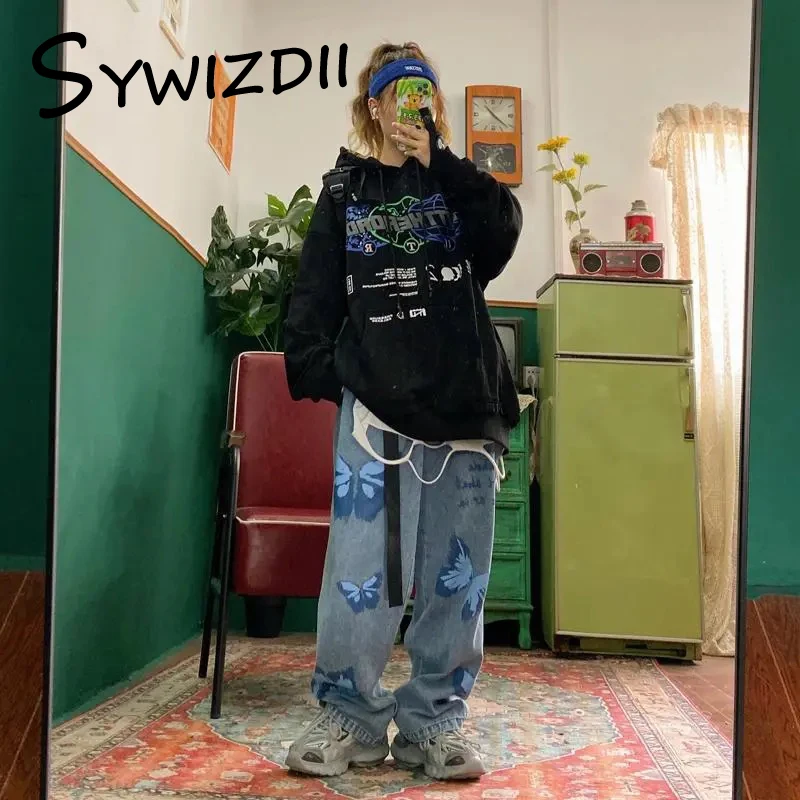 

Повседневные свободные винтажные брюки SYWIZDII, женские мешковатые джинсы в стиле Харадзюку, забавные готические джинсовые брюки-карго, уличн...