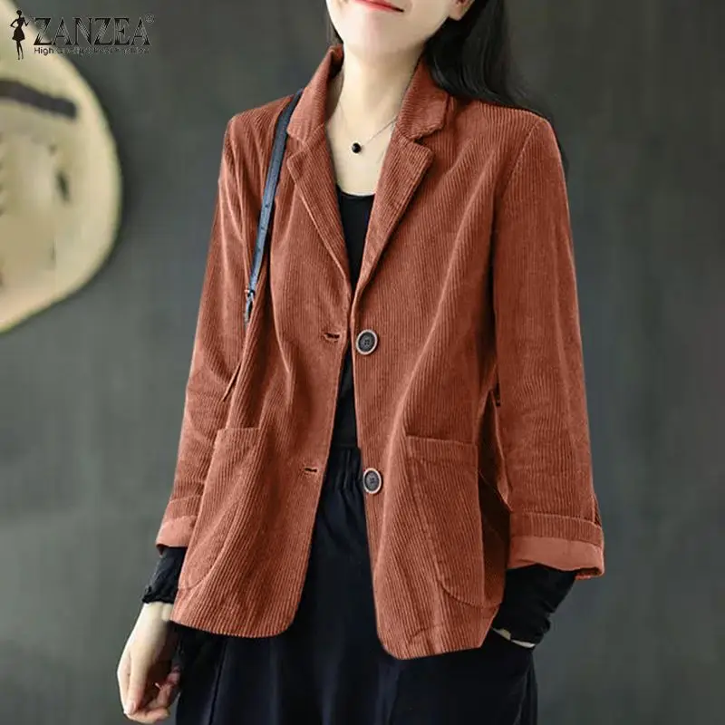 

2021 Spring Blazer Oversized Thin Coats ZANZEA Women Corduroy Work Jackets Long Sleeve Button Female Solid Tunic Outwear Femme