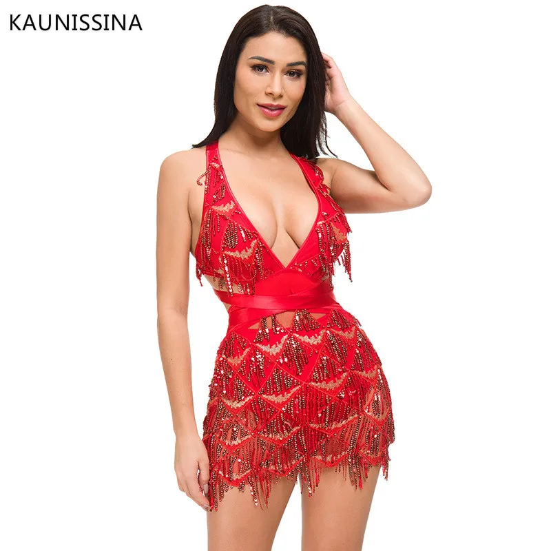 KAUNISSINA Блестками Bodycon Коктейльные мини платья Глубокий v образный вырез спинки