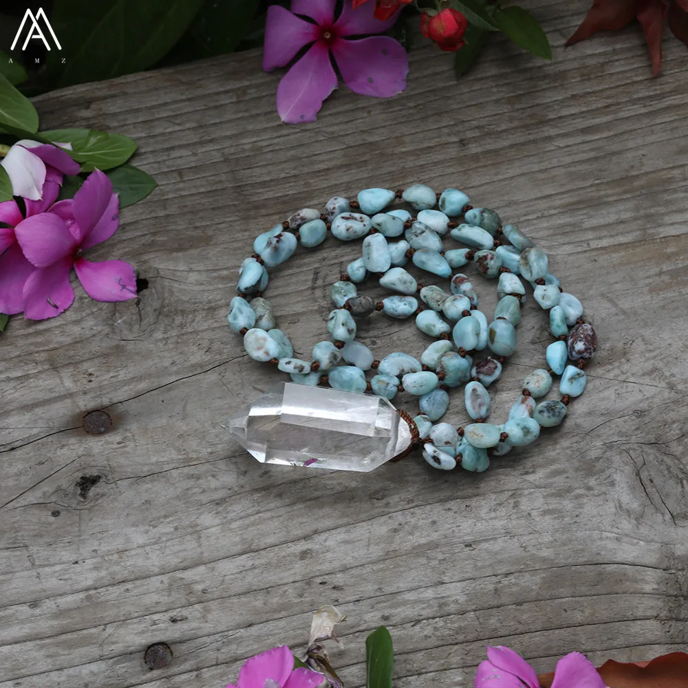

Natural White Quartz Double Point Pendant 8mm Larimar Stone Nugget Chip Beads Knotted Handmade Necklace 32 Inch Long
