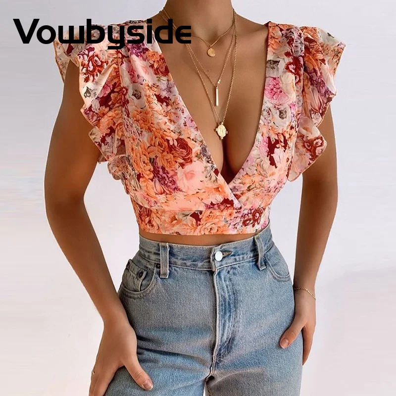 

Floral Print Backless Ruffle Hem Sleeveless Cropped Top Women Blouses