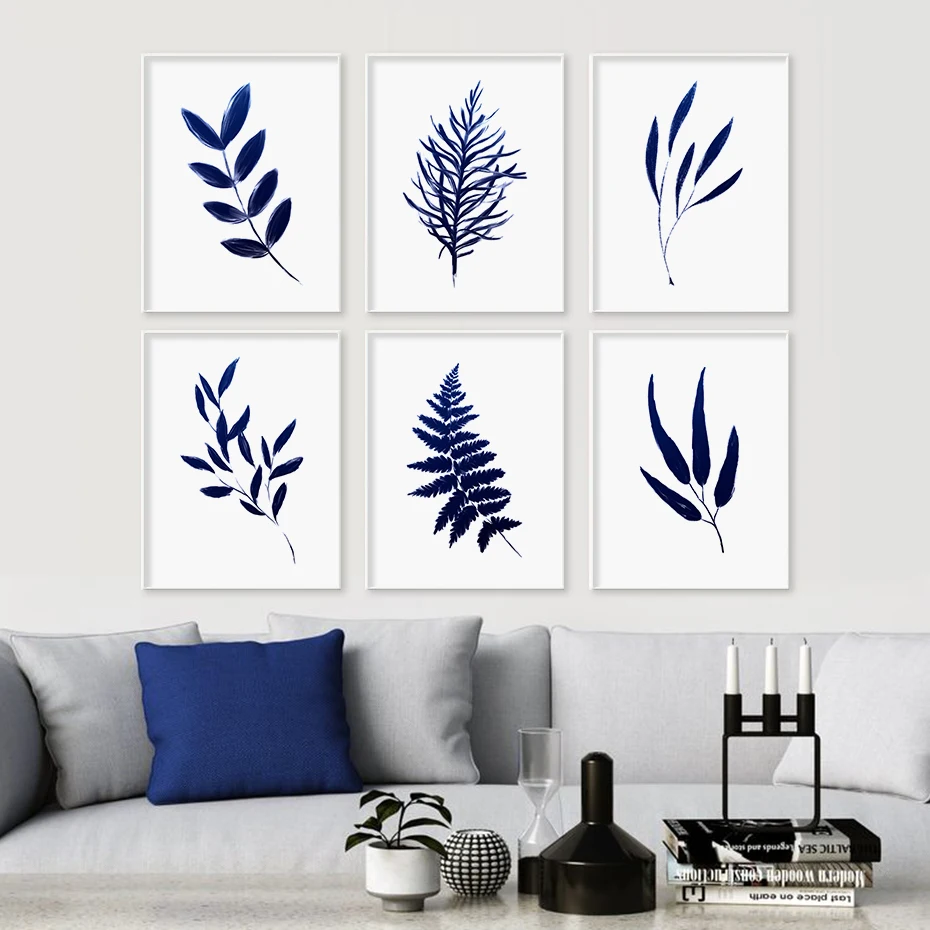 

Abstract Minimalist Fern Leaves Navy Blue Modern Poster Canvas Painting Wall Art Print Picture Living Room Interior Home Decor