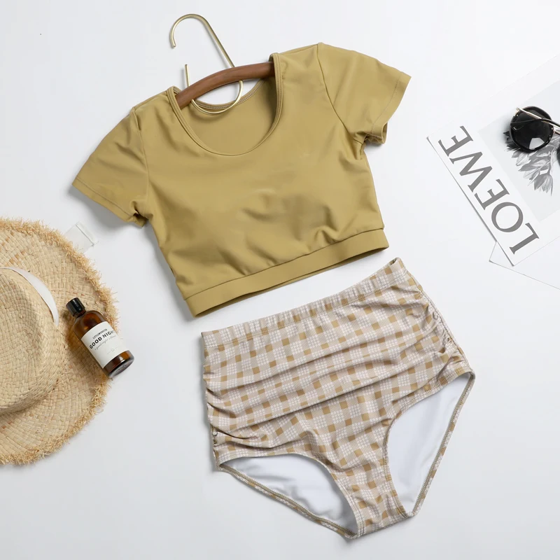 Женский раздельный купальник с коротким рукавом пляжная одежда из двух