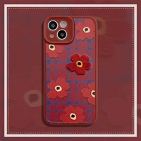 iphone case imitation leather embroidery red flower for iphone 11 12 13 promax 7 8 plus x xs max xr shockproof case