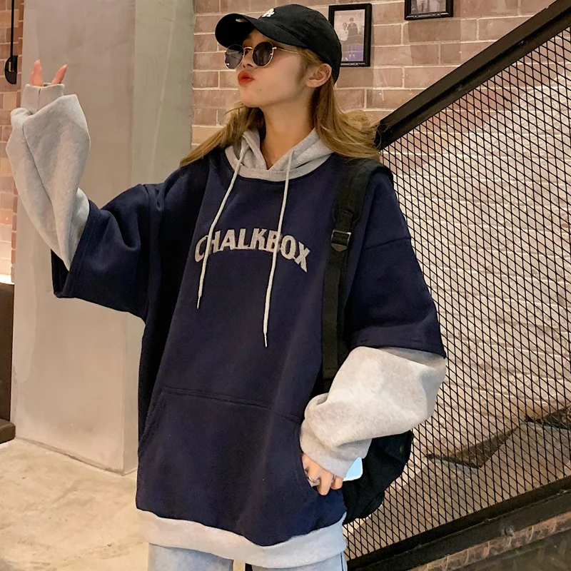 

Hoodies Women Plus Velvet Thicker n BF Ulzzang Embroidery Letter Long Loose Pullovers Hooded Warm Students Daily Womens