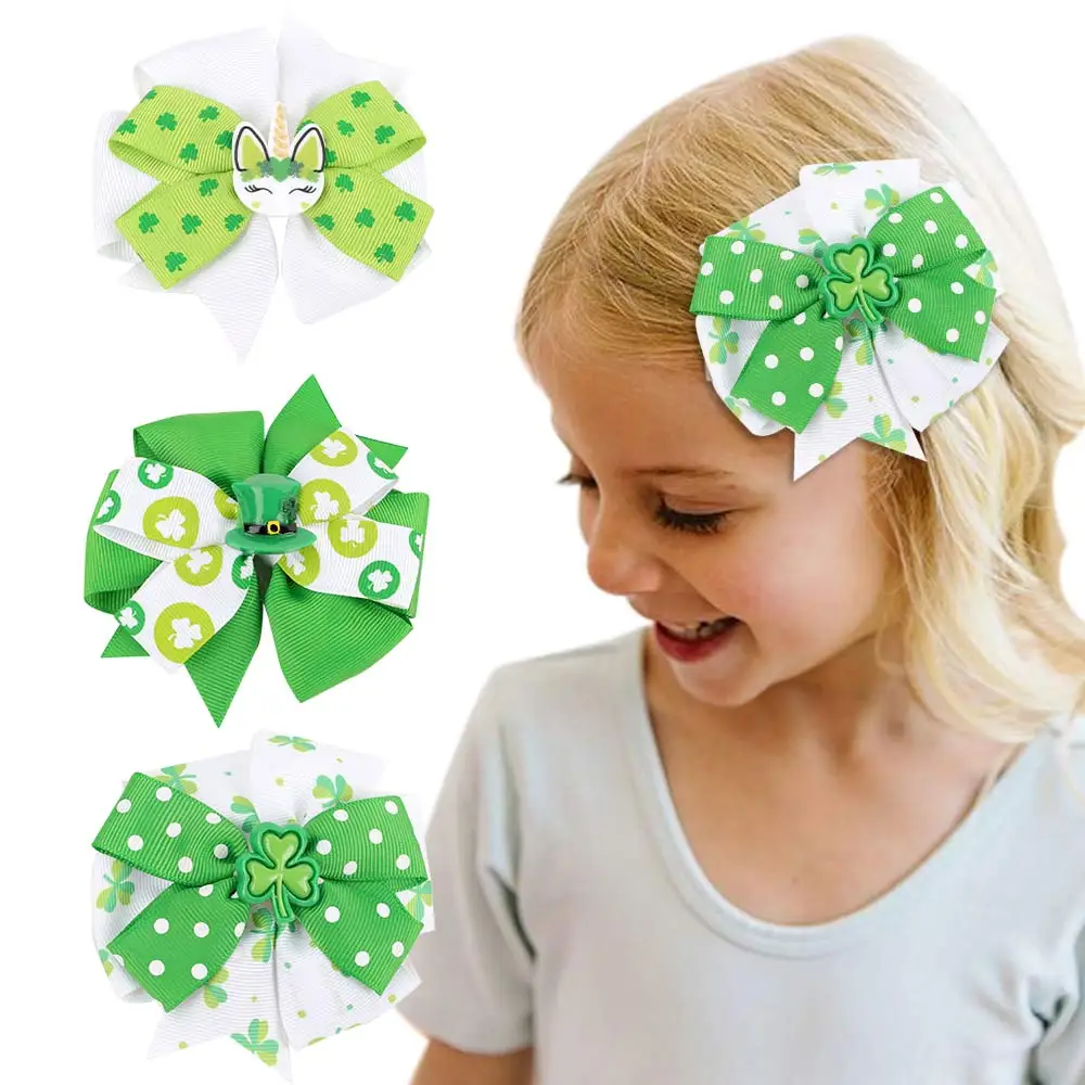 

St. Patrick's Day Baby Girls Hair Pins Shamrock Double Layers Bowknot Unicorn Hair Clips Green Clover Festive Hair Accessories