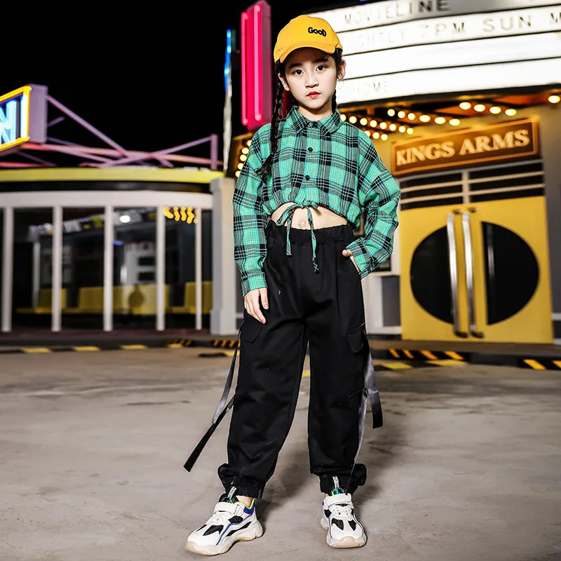 

Children's Performance Wear Hip Hop Set For Girls Cotton Grid Long Sleeve Shirt +Pants Stage Clothes Girls Sets Dance Clothes