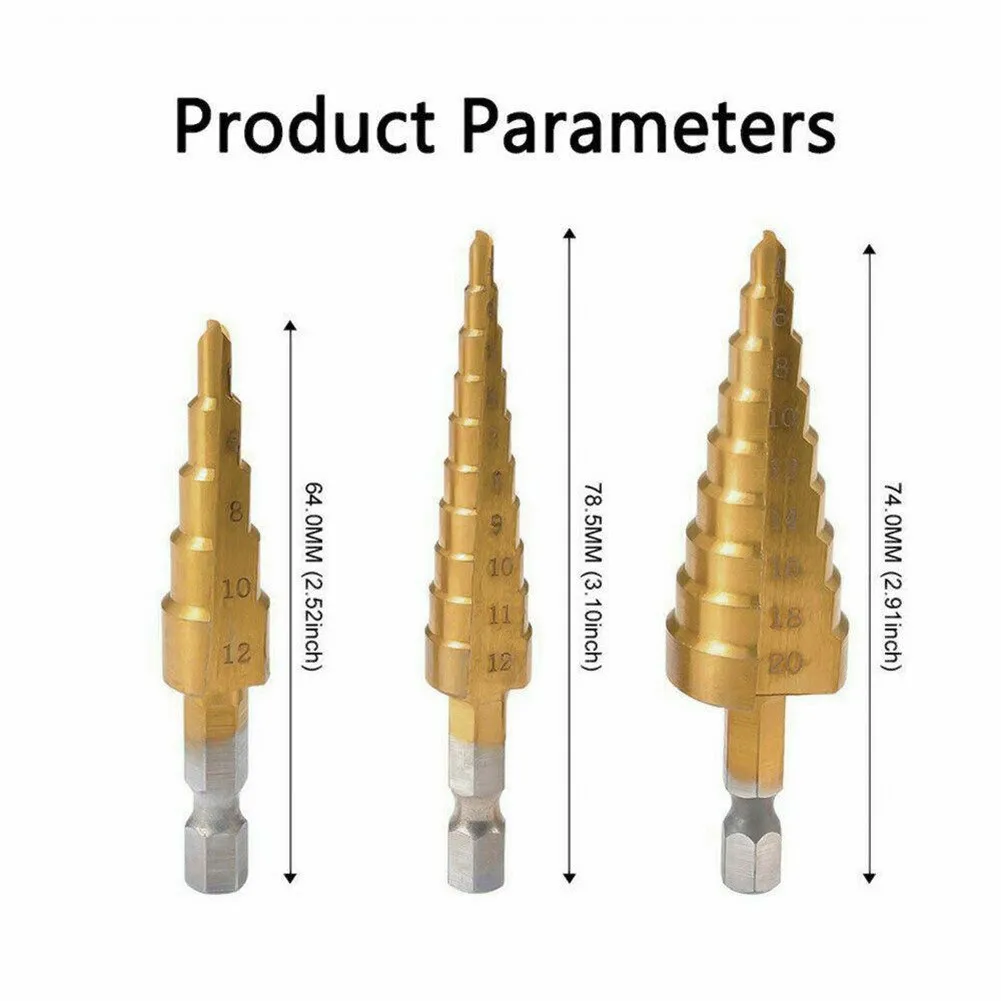 

Step Drill Bit 3pcs Per Set HSS Straight Groove Titanium Nitride Coated Set Steel Step Shank For Metal Plastic Fiberglass Wood