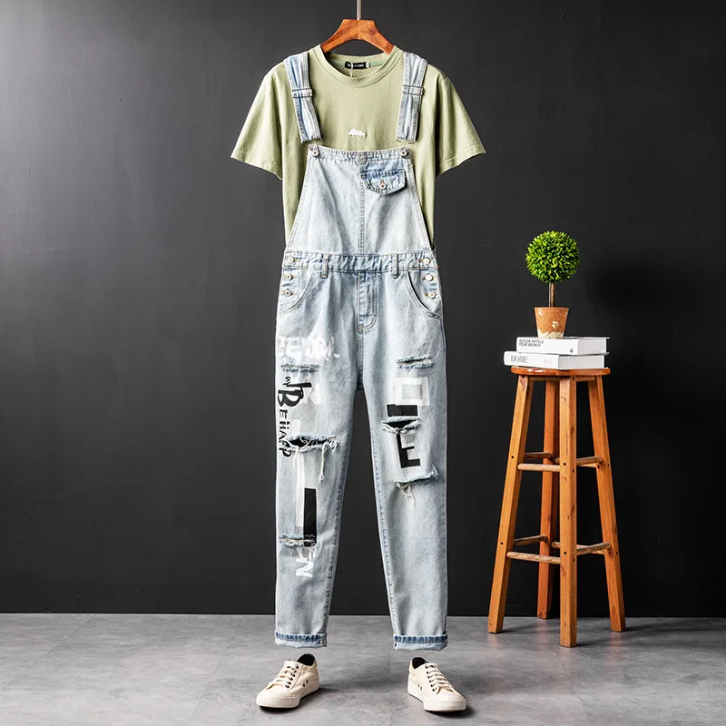 Fahsion Man Ripped Jeans Bib Overalls Hip Hop Hole Letter Denim Jumpsuits Freight Trousers Light Blue Leisure Cargo Pants