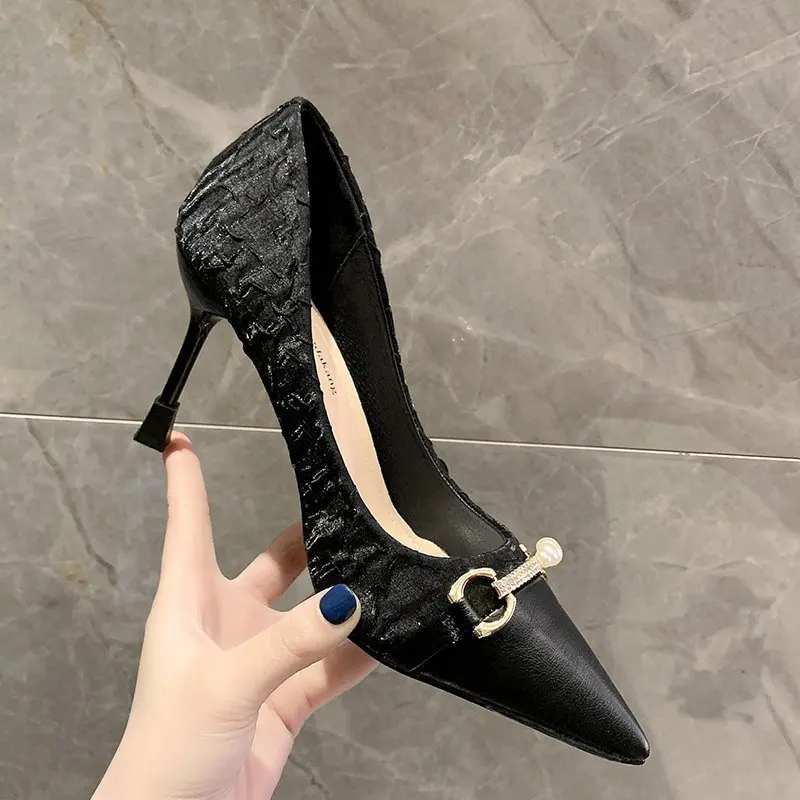 

Ladies High Heel Shoes Elegant Shallow Basic Pumps 2021 Summer Autumn Pearl Crystal Woman Stilettos Party Weeding Shoes 34-39