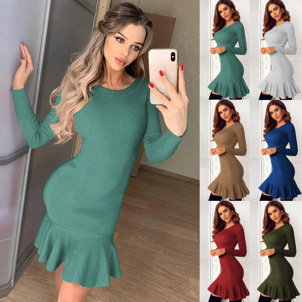 

Vogue Party Women Dress Casual Elegant Long Sleeve Solid Color Sexy Dress Winter Variety Of Styles O Collar Multicolor