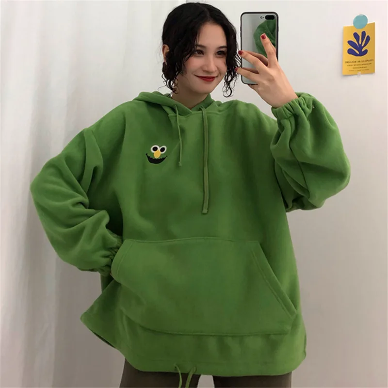 

Plus velvet autumn and winter loose bf lazy wind solid color cartoon pattern fashion jacket sweatshirt women