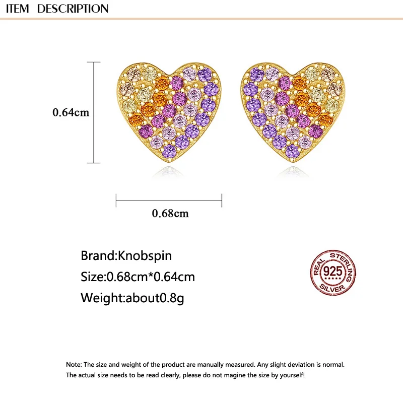 

Knobspin 100% 925 Sterling Silver 2021 New Fashion Heart Shaped Rainbow High Carbon Diamond Love For Women Earrings Fine Jewelry