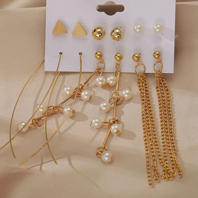 

Fashion 3pcs/set Small Enamel Geometry Metal Stud Earrings For Women Pink Green C Shaped Piercing Pearl Cross Dangle Jewelry