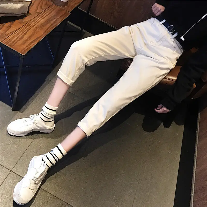 

Spring and autumn 2021 new high waist slim off white 9-point straight tube loose old father jeans female students show climax