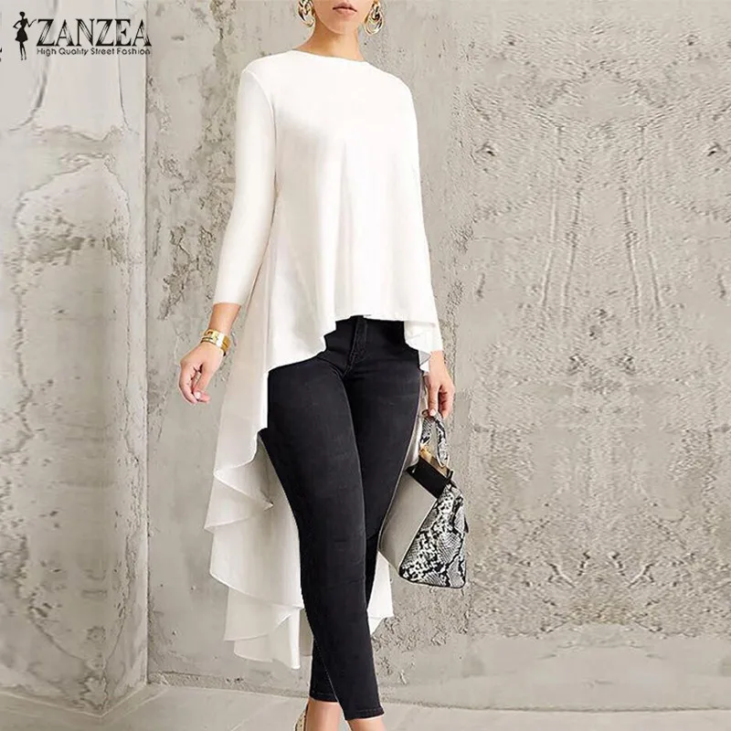 

Elegant Long Sleeve High Low Blouse Women Casual Asymmetrical Hem Tops ZANZEA 2022 Vintagae Holiday Chemise Female Office Shirts