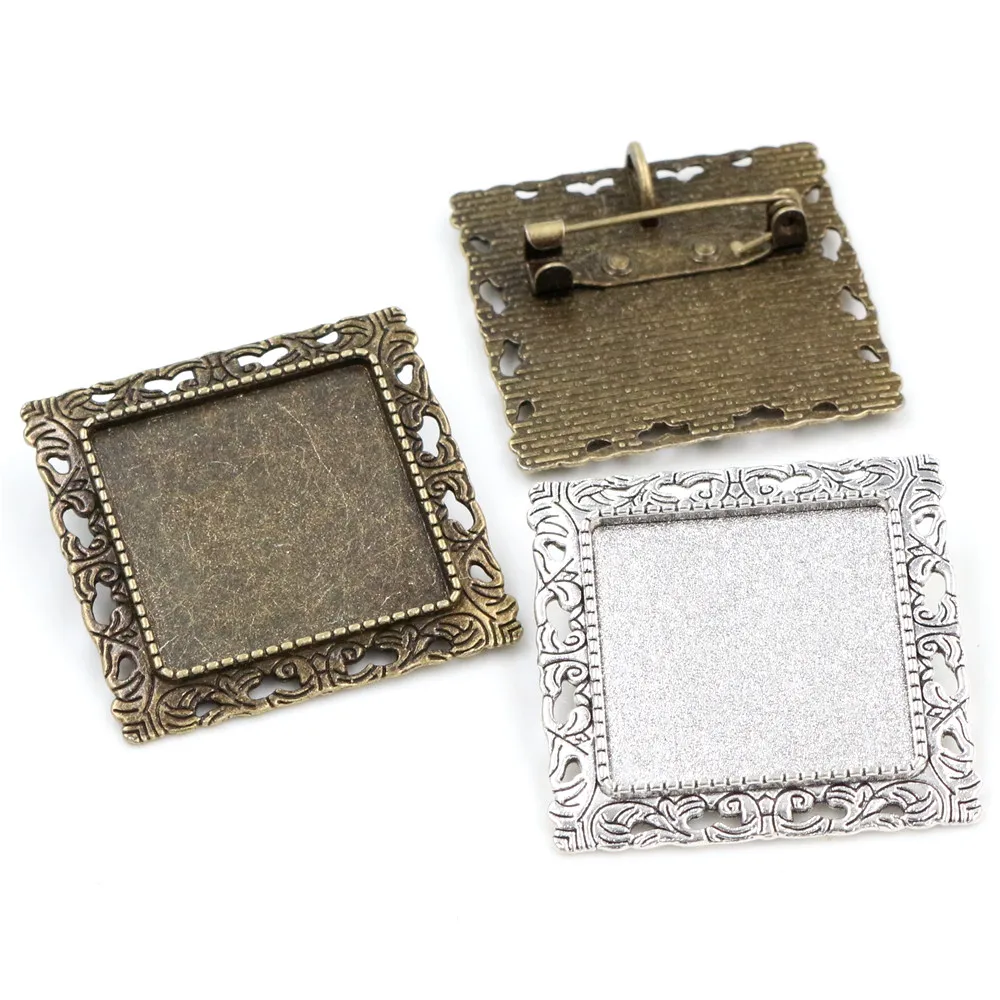 New Fashion 5pcs 25mm Inner Size Antique Silver Plated and Bronze Brooch Square Cabochon Base Setting
