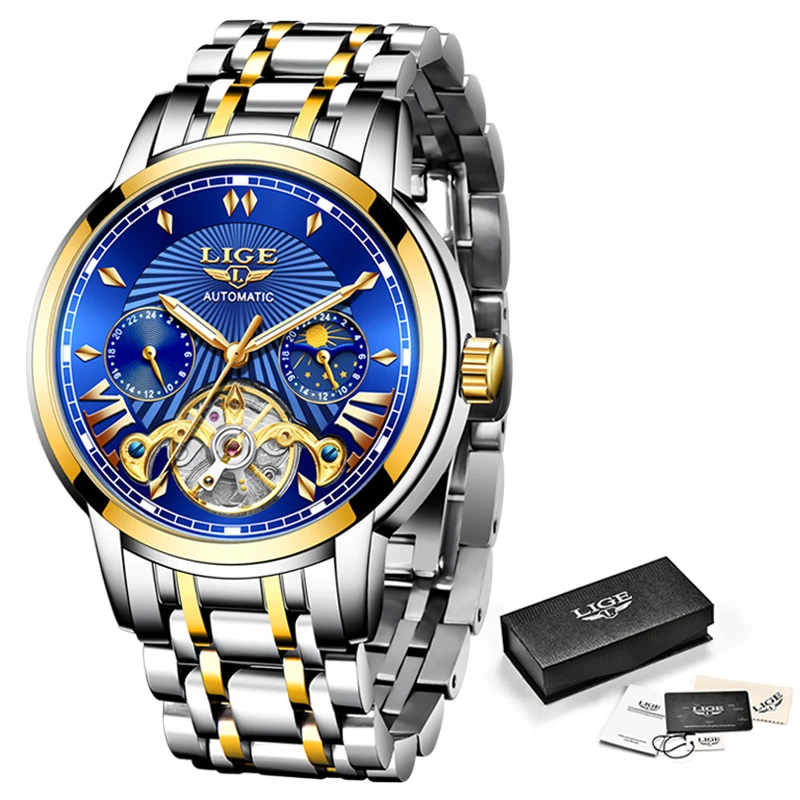 

LIGE Business Watch Men Automatic Mechanical Tourbillon Watch Luxury Fashion Stainless Steel Sport Watches Men Relogio Masculino