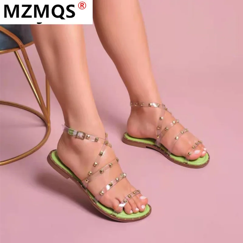 

PVC Sandals Women's 2021 Summer New Women Comfortable Flat-bottomed Rivet Transparent Casual Sandals Women Open Toe Shoes