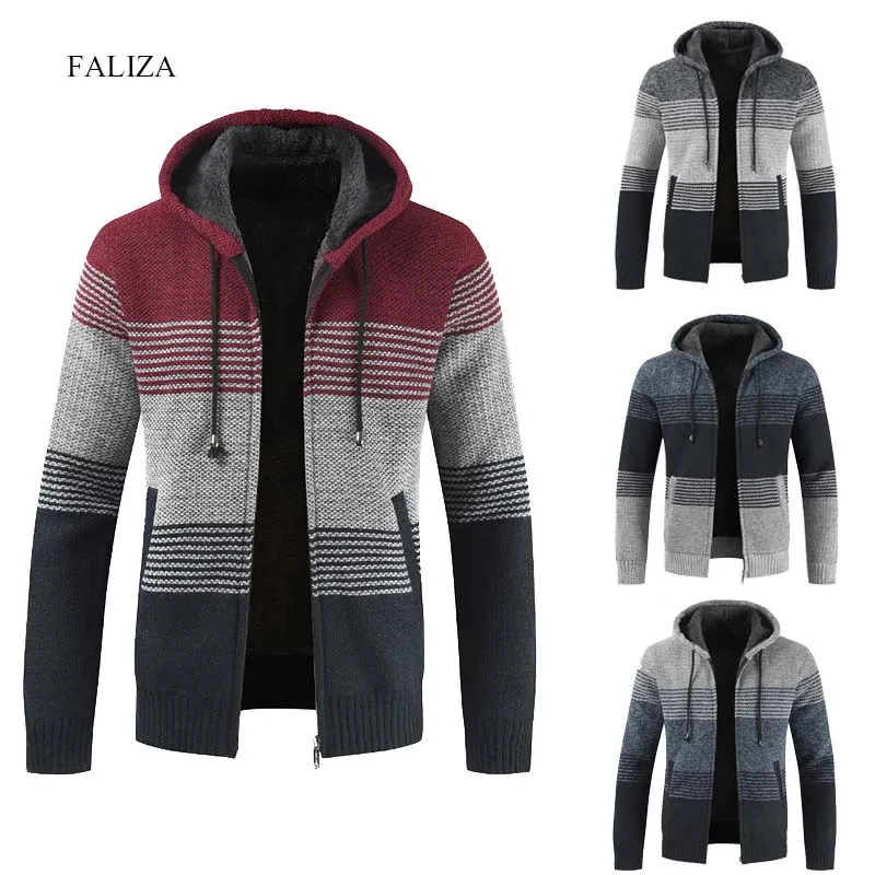 FALIZA Mens Sweater Coat 2020 Autumn Winter Thick Warm Hooded Stripe Wool Sweater Cardigan Jumpers Zipper Fleece Coat Men XY103