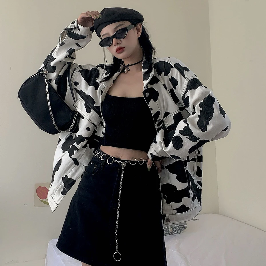 

Milk Cow Printed White Denim Jacket Women 2020 New Vintage BF Style Loose Casual Coat Female Couple Street Wear Jeans Jacket