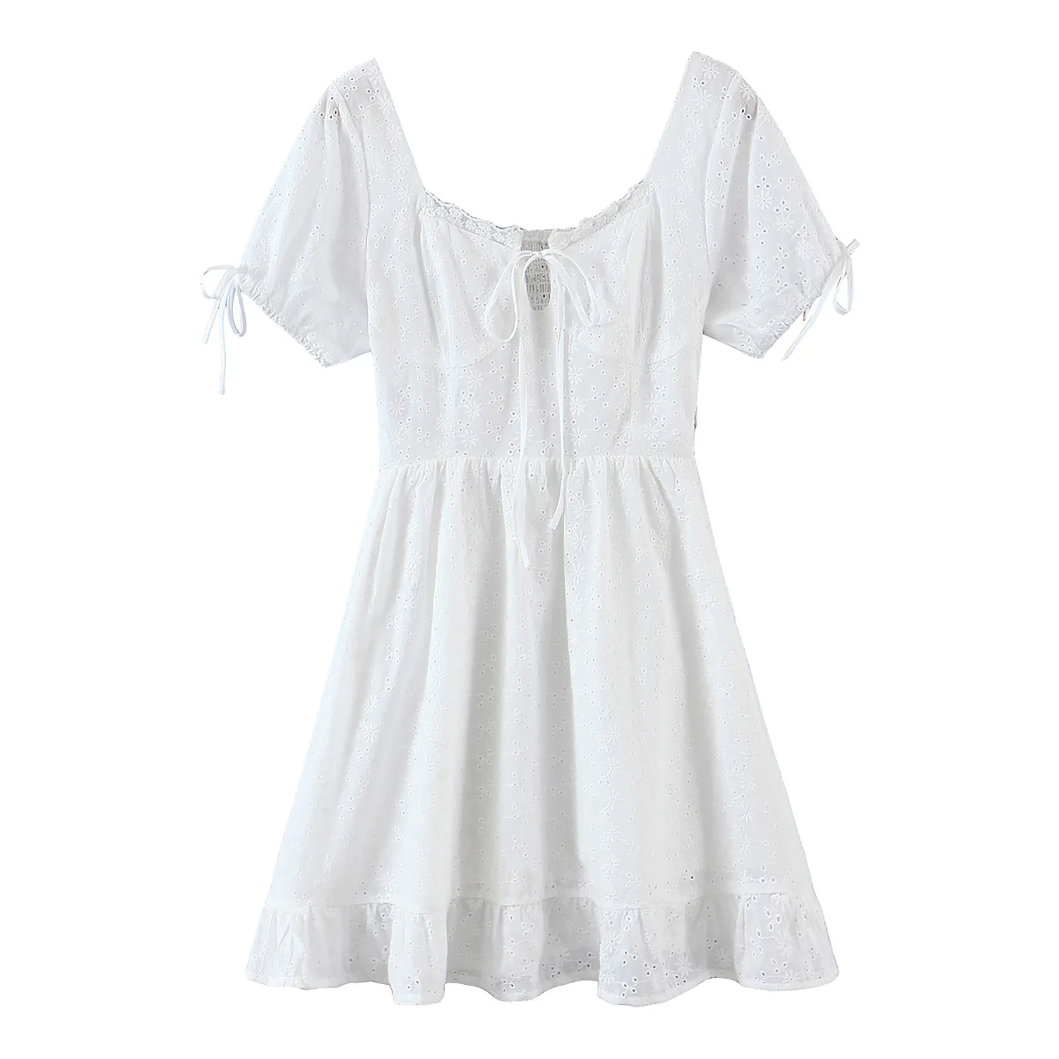 

JC·KILIG 2021 Cut Out Embroidery Lace up Bow A-Line Waist Lace Dress DP9368