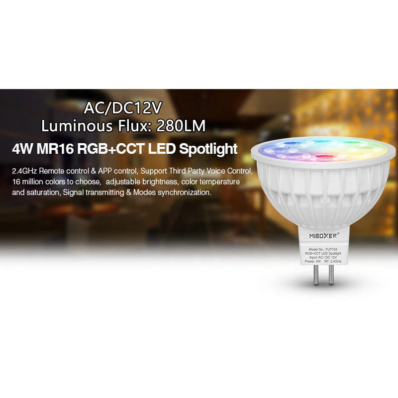 FUT104 MR16 4W RGB + CCT LED Spotlight Bulb 280LM Dimmable AC/DC 12V led Lamp Light 2700K~6500K Compatible with 2.4G RF Control