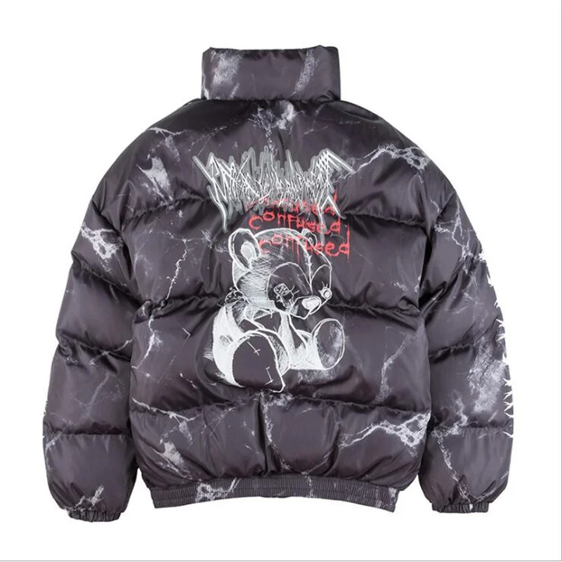 

Hip Hop Parka Hurt Bear Print Men Winter Oversize Windbreaker Streetwear Harajuku Padded Jacket Coat Warm Outwear Hipster