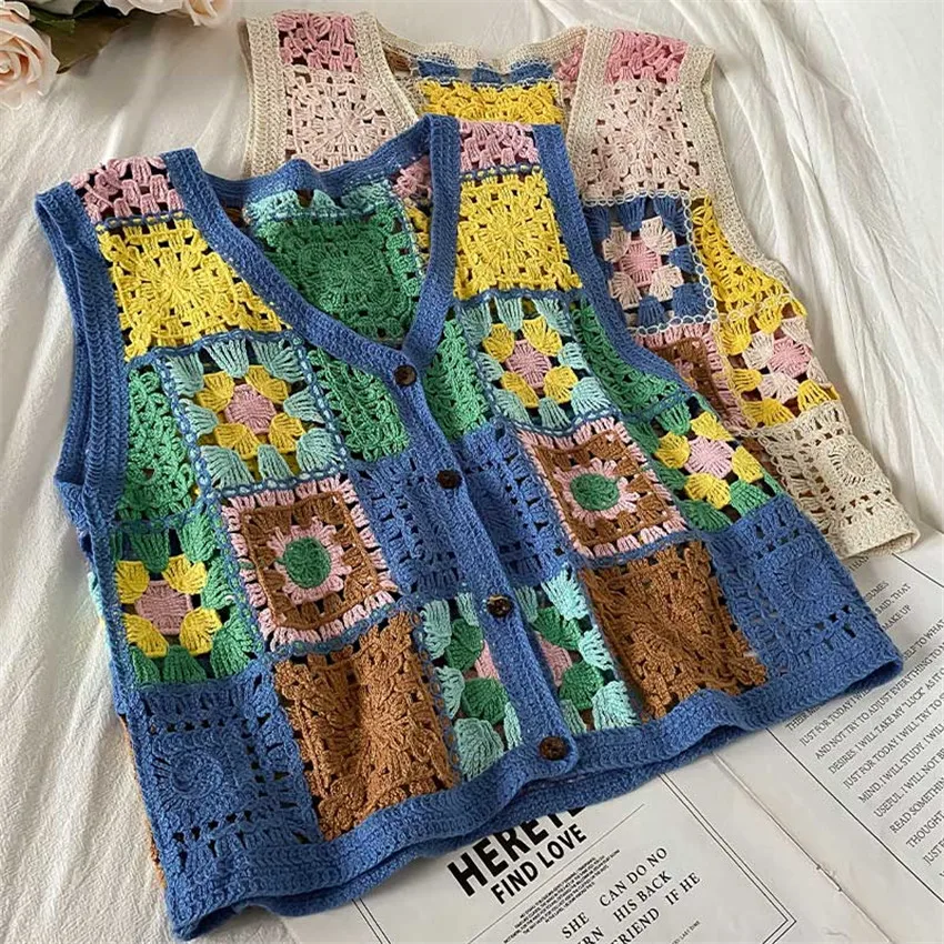 Bohemian Floral Embroidery Crochet Vest Women Sleeveless Waistcoat Summer Knit Vests Crop Top Vintage Chaleco Mujer | Женская одежда