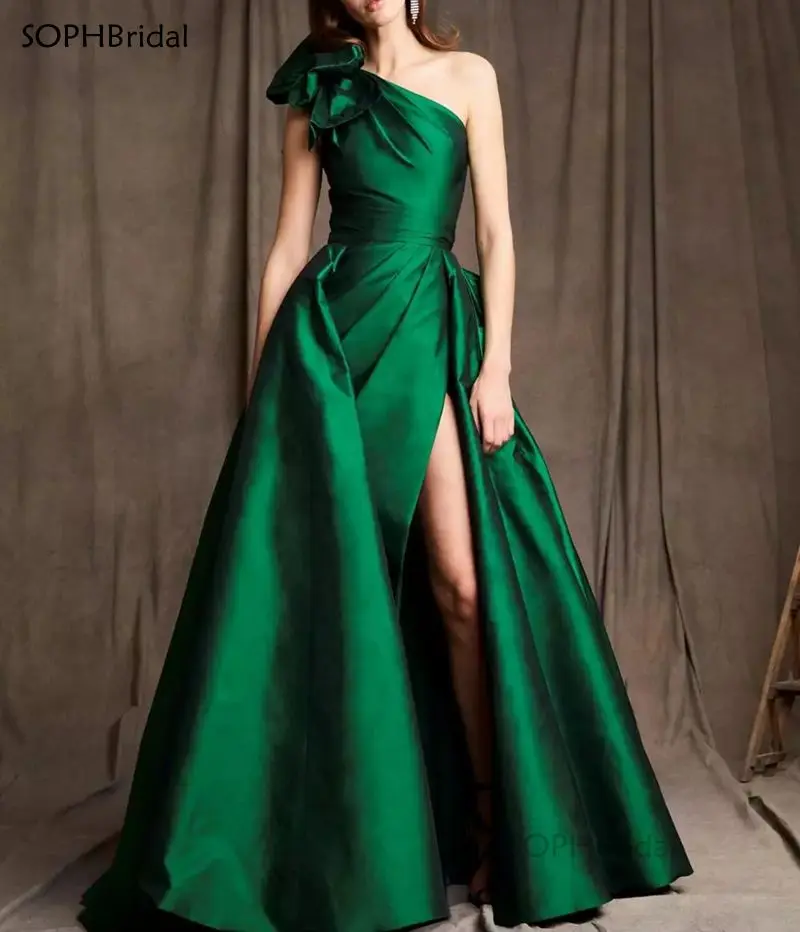 

New Luxury A Line Evening Dresses 2021 Green Detachable Train One Shoulder Prom Dress Saudi Arabia Celebrity Red Carpet Gowns