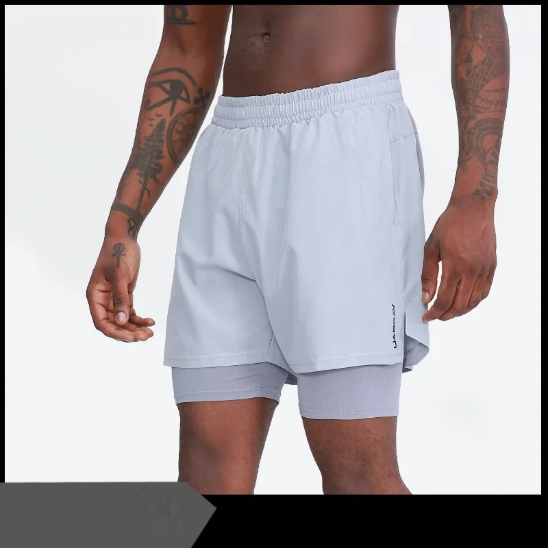 

Summer Fitness Solid Color Sports Shorts American Fake Two-piece Basketball Pants Men's Casual Five-point Pants Gym Shorts