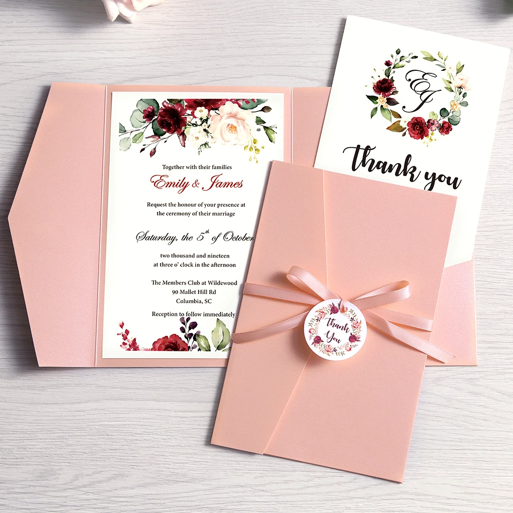 

100pcs Wedding Invitations Pink Blue Burgundy Pocket Greeting Cards with Envelope Customized Party with Ribbon and Tag