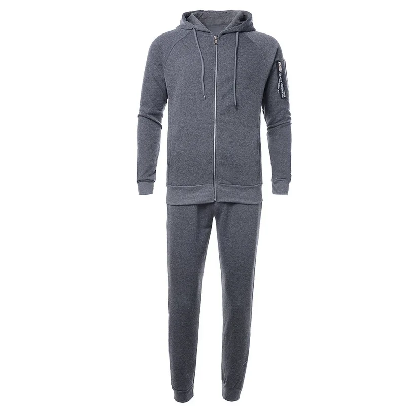 dark gray Модная спортивная одежда из 2 предметов, мужской Камуфляжный спортивный костюм на молнии, однотонный,, Survetement Homme, Спортивная толстовка с капюшоном, куртка+ спортивные штаны, комплекты костюмов - Цвет: dark gray
