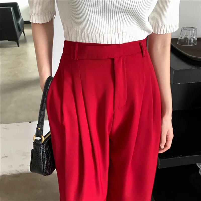 

KUSAHIKI Woman Pants Korean Causal Solid Long Trousers 2021 Summer New Elegant High Waisted Wide Leg Pant Mujer Pantalones 6H620
