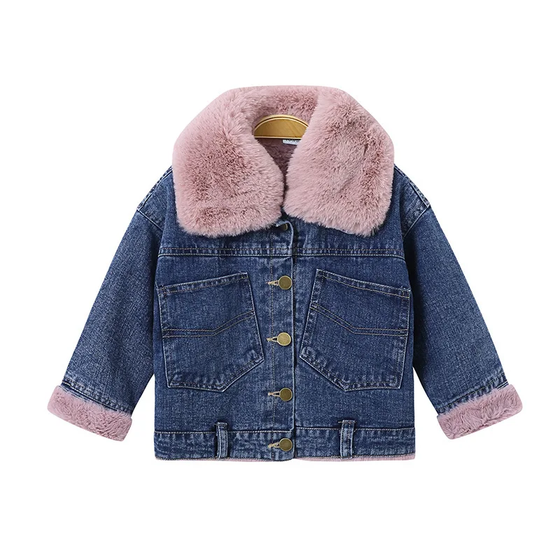 Children's Denim Jacket Girls Winter Fur Collar Plus Velvet Coats Big Kids Fashion Warm Outwear | Детская одежда и обувь